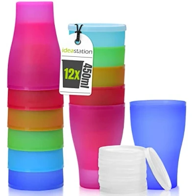 Afbeelding van idea station NEO plastic bekers 12 stuks, 450 ml, kleurrijk, deksels, herbruikbaar, onbreekbaar, feestbekers, drinkbekers, feestschalen, camping schalen, drinkglazen, kinderen