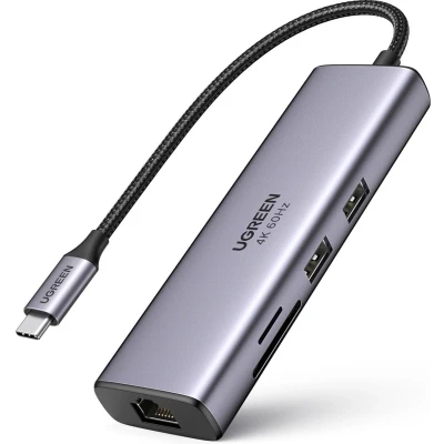 Afbeelding van Ugreen 7in1 multifunctionele USB Type C HUB 2x 3.2 Gen 1 / HDMI 4K 60Hz SD en TF kaartlezer PD 100W RJ45 1000Mbps (1Gbps) grijs (60515 CM512)