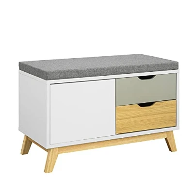 Afbeelding van SoBuy FSR92 W Opbergbank Hal Dressoir Schoenenkast Comfortabele bank met gewatteerd kussen, 2 lades en 1 deur 80 x 38 51 cm