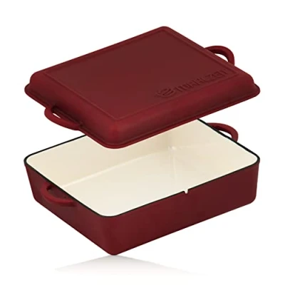 Afbeelding van Mahlzeit Gietijzeren braadpan, geëmailleerd, 10,8 liter, grof oppervlak, Dark Cherry 2 in 1 braadpan met deksel, geschikt voor de oven, inductie, broodpan