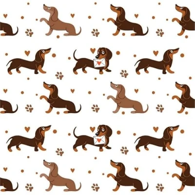 Afbeelding van 20 servetten dieren teckel patroon als tafeldecoratie met spreuk Schön, dass Du da bist. Papieren motief hond grappig. Ook voor decoupage en servettechniek 33x33cm