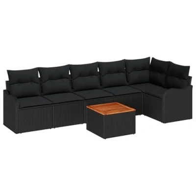 Afbeelding van vidaXL 7 delige Tuin Sofa Set met Kussens Zwart Poly Rattan Acacia