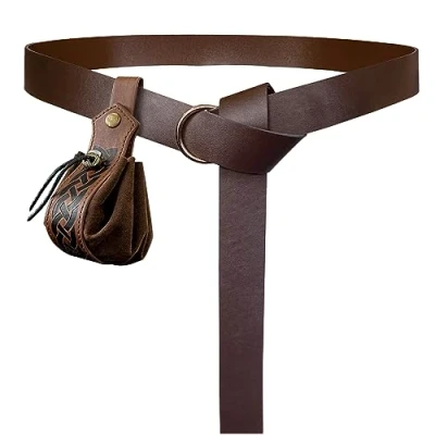 Afbeelding van HiiFeuer Middeleeuwse O ring riem met retro Scandinavisch koordzakje, Renaissance nepleren en tas set voor LARP (Bruin C)