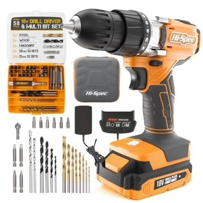 Afbeelding van Hi Spec 58 delige 18V boormachine &amp; Multi bitset. Doe het zelf snoerloze schroef en met S2 stalen bitset voor metaal, hout metselwerk. Alles in een opberghoes rits