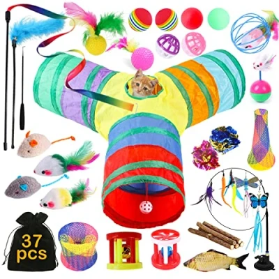 Afbeelding van TAVADA 37pcs Kattenspeelgoed,kattenspeelgoed set met kattentunnel,Katttunnel speelbal,Ballen,Grappige Kattenstok,Speelgoedmuizen