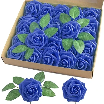 Afbeelding van homEdge Kunstroos, kunstbloemen van schuim met stengel voor thuisdecoratie, bruidsboeketten, feesten, tafelversiering, jubilea, 25 stuks, koningsblauw