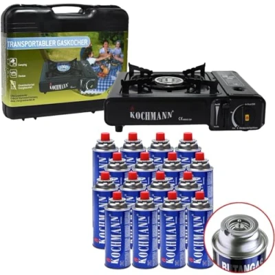 Afbeelding van Kochmann® gasfornuis + 12 gaspatronen incl. draagtas, 1 pits campingkooktoestel camping cartridge