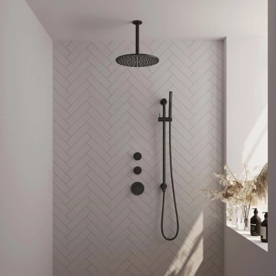 Afbeelding van BRAUER Black Edition thermostatische inbouw regendouche SET 18 met 30 cm douchekop en plafondarm staaf handdouche doucheslang geïntegreerde