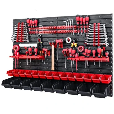 Afbeelding van Gereedschapswand stapelboxen, 1152 x 780 mm, opbergsysteem, set met gereedschapshouders en 23 dozen, wandrek, werkplaatsrek, gatenwand, open front opbergbakken, rood/zwart