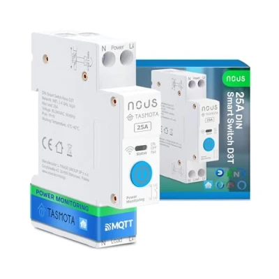 Afbeelding van Nous Intelligente DIN schakelaar 25A met Tasmota (ESP32), energiebewaking, compatibel MQTT, Home Assistant, Matter, spraakbesturing Alexa, Google Assistant