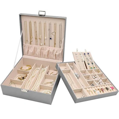 Afbeelding van ProCase Sieradendoos Organizer voor Ketting Oorbellen Armbanden Ringen Accessoires, Grote PU lederen Sieraden Opbergkoffer met Dubbele Stapelbare Laag Dames Meisjes Grijs