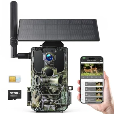 Afbeelding van WOLFANG WT04 Jachtcamera, 4G fotoval op zonne energie met vooraf geïnstalleerde simkaart en SD kaart, externe 2K jachtcamera zonnepaneel, onzichtbaar infrarood, PIR detectie, waterdicht