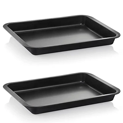 Afbeelding van Grizzly 2 x ovenschaal, groot en plat, antiaanbaklaag, met greeprand, ook te gebruiken als lasagnevorm, braadpan of taartplaat