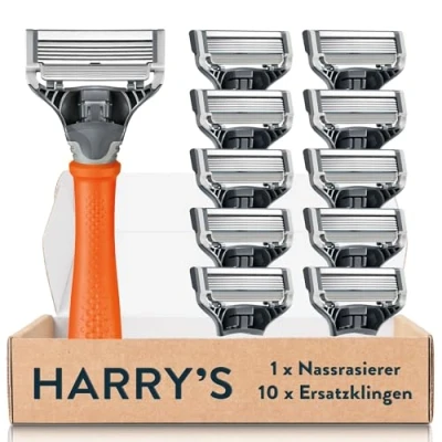 Afbeelding van Harry&#039;s Scheerapparaat voor mannen, scheerset met oranje handvat, 10 vervangende scheermesjes, scheermesjes heren, nat