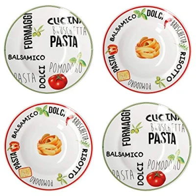 Afbeelding van MamboCat Set van 4 pastaborden wit met decor, serviesset rood en groen, aardewerk servies kleurrijke letters motieven, diepe porseleinen borden, ook voor soepen salades