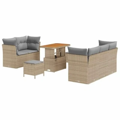 Afbeelding van vidaXL 8 delige tuinbankset met kussens Beige Poly Riet Acacia, 3 tuin eetset Acacia