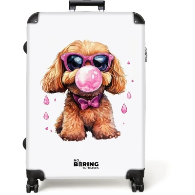 Afbeelding van NoBoringSuitcases.com® Koffer groot Reiskoffer lichtgewicht Bruine hond met roze bril en kauwgombal Rolkoffer 4 wielen Grote trolley XL 98 liter bagage