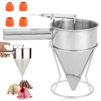 Afbeelding van Pannenkoekendeegdispenser, 1,2 l, roestvrij staal, deegportioneerder met standaard, trechter, taartdispenser 4 trechters, zuigertrechter, baktrechter, kookgerei voor thuis bakkerij