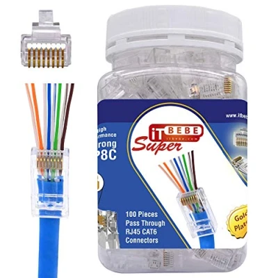 Afbeelding van ITBEBE RJ45 Cat6 Pass through connectoren Hoogwaardige connector (RJ45 connectors/Ethernet connector/Cat6 connectoren/8P8C/Cat 6 uiteinden/RJ45 uiteinden) voor 24 AWG Ethernet kabel 100 stuks