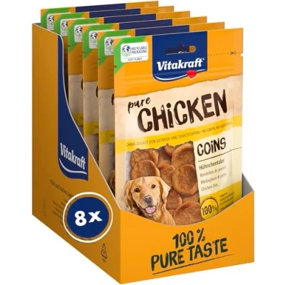 Afbeelding van Vitakraft Chicken Coins, Hondenlekkernijen, graanvrij, vlezige kippenschaal, met mager kippenvlees, in hersluitbare zak, zonder toegevoegde suiker (8 x 80 g)
