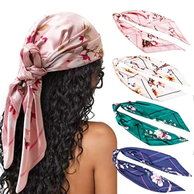 Afbeelding van DRESHOW 4 Stuks Vierkante Satijnen Hoofddoeken Haar Sjaals Zijden Accessoires Klassieke Gedessineerde Gtrand Bandana&#039;s voor Vrouwen