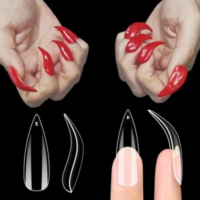 Afbeelding van NOVO OVO Nageltips Gebogen Stiletto, Clear Gel x Extension Kit Volledige Cover om Press on 3D Eagle Claw nagels, Dikke Extra Hawk Deep Curve Amandel Franse Tips Zachte Valse Nep Acryl Nail 12 Size