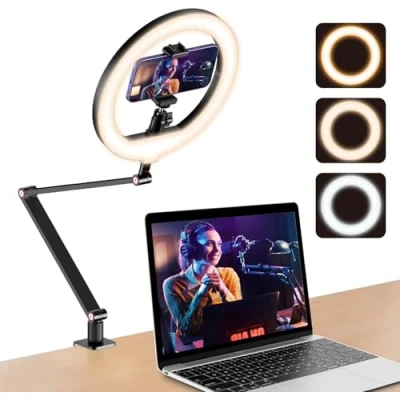 Afbeelding van 10 inch ringlamp voor bureau met standaard en telefoonhouder, overhead statief, ringlicht, videoconferentielicht verstelbare bureauarmstandaard YouTube, TikTok, werk telefoon, webcam