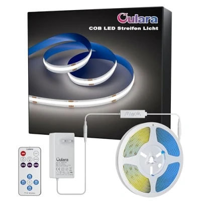 Afbeelding van OULARA COB ledstrip, koud wit, 6000 K, 6 m, 1920 leds, dimbaar, 24 V, flexibele ledstriplichtset met RF afstandsbediening en voeding, CRI90+ heldere onderbouwlamp voor thuis, doe het zelf decoratie,