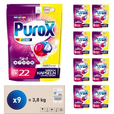 Afbeelding van PUROX Color Waspods (22 stuks x 9) Wasmiddelcapsules voor gekleurd textiel, verwijdert vlekken, beschermt kleuren, volledig uitspoelbaar, milieuvriendelijk, doypack multipack 9