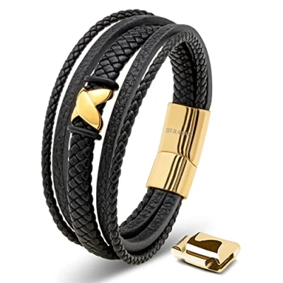 Afbeelding van SERASAR Armband Goud Heren Leer voor 23cm Lederen Leren Mannen Cadeau Man Armversiering Sieraden Vlechtarmband Wikkelarmband Ketting Leather Bracelet Men