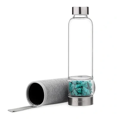 Afbeelding van Navaris glazen drinkfles met turkoois 420 ml Waterfles edelstenen Inclusief sleeve van neopreen
