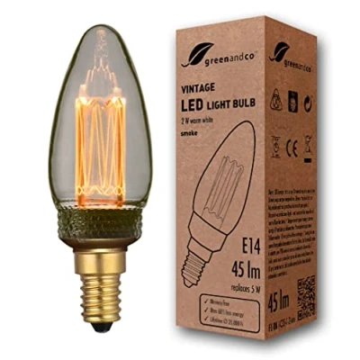 Afbeelding van greenandco® Vintage Design LED lamp voor sfeerverlichting E14 C35 Edison 2W 45lm 2000K rook extra warm wit 320 230V flikkervrij, niet dimbaar
