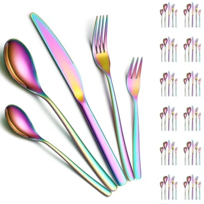Afbeelding van Bestekset 60 delig voor 12 personen, ReaNea Titanium regenboog beplating inclusief dinermessen, dinerscheppen, dinervorken, theelepels, dessertvorkjes