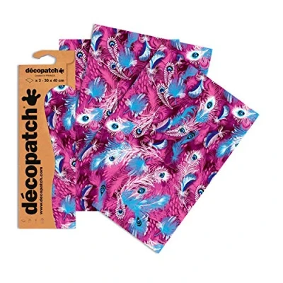 Afbeelding van Décopatch Ref C577O Paars Pauwenveren Print Papier Pack Elk Vel 30 x 40cm, van 3 Papieren Vellen Best Gebruikt met Décopach Lijm &amp; Vernis, Veelkleurig