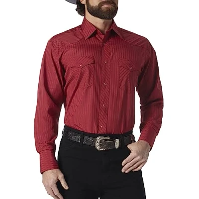 Afbeelding van Wrangler Heren tall Shirt in Dobby Stripetall Sport Western Snap Playera, Diseño De Rayas Button, Wijn, L