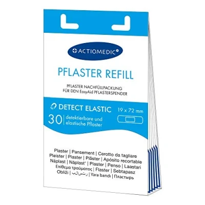 Afbeelding van ACTIOMEDIC DETECT ELASTIC detecteerbare pleisters navul set, 30 stuks, Horeca voor de voedingsindustrie, Verenigbaar met EasyAid pleisterdispenser, Hypoallergene, elastische zwachtels, Blauw