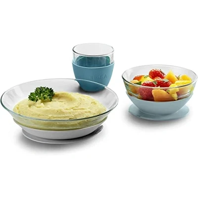 Afbeelding van BÉABA &amp; Duralex Voedingsmaaltijdset Set van 3 delen: bord + kom beker met siliconen zuignap ergonomisch, aanpasbaar, veilig baby en kinderen Made in France Groen