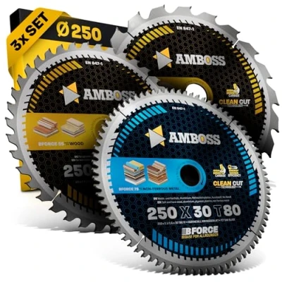 Afbeelding van Ø250 x 30 Handcirkelzaagbladenset geschikt voor Mafell Erika 85 EC, Dewalt DWE 7492 en nog veel meer. Amboss Gereedschap® 250 zaagblad assortiment