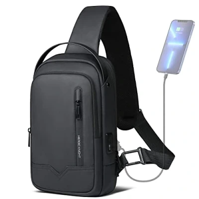 Afbeelding van hk Schoudertas voor heren, waterdichte borstzak 11,3 inch iPad, crossbody tas met USB oplaadpoort, rugzak, slingbag, klein, werk, reizen, fietsen, wandelen, zwart, zwart