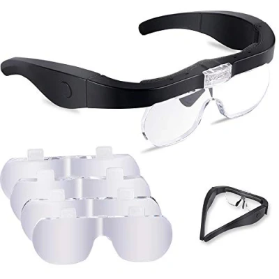 Afbeelding van OBOVO Hoofdband Vergrootglas, oplaadbare vergrootbril met 2 LED licht, handsfree verwisselbare vergrotingslenzen 1,5 x 2,5 3,5 5x voor sieraden, ambachten, kruissteek