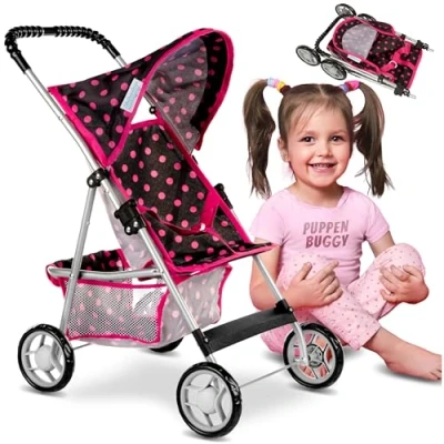 Afbeelding van Kinderplay Poppenwagen, poppenbuggy vanaf 3 jaar pop met veiligheidsriem en boodschappennet kinderwagen soepel lopende wielen zachte grip 4 jaar, KP0280G