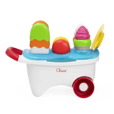 Afbeelding van Chicco IJsjes Karretje Spel, 2in1 Stapel en Insteekactiviteit, Rollenspelactiviteit, praktische handgreep vrijlopende wielen, speelset 19 stukken om heerlijke zoetigheden te maken, 12 36 M