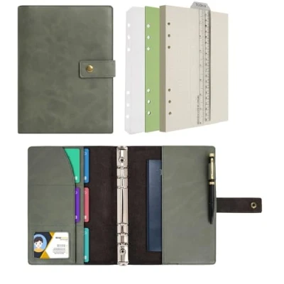 Afbeelding van WONDERPOOL Lederen dagboek navulbaar notitieboek spiraal map portfolio Dot Grid Papier &amp; Binnenzakken voor Reiswerk en Persoonlijke Organizer (Groen, A5)