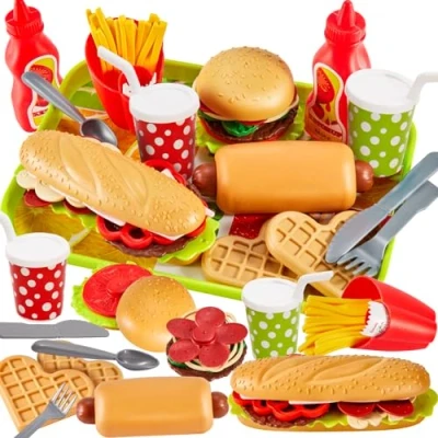 Afbeelding van BUYGER Keukenspeelgoed Levensmiddelen Speelgoed kinderkeuken Accessoires met Hamburger, Rollenspel cadeau voor Kinderen Jongens en Meisjes 3 4 5 Jaar