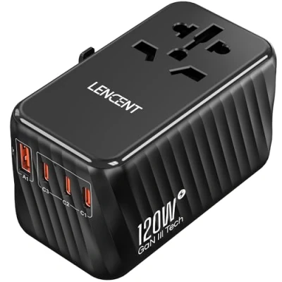Afbeelding van LENCENT 120W Reisadapter Wereldwijd, GaN3 Snellader Universele Reisstekker met 3 PD3.0 USB C+1 QC A, Alles in één Internationale Stekker voor Telefoons 200+ Landen EU UK DE VS Type A/C/G/I
