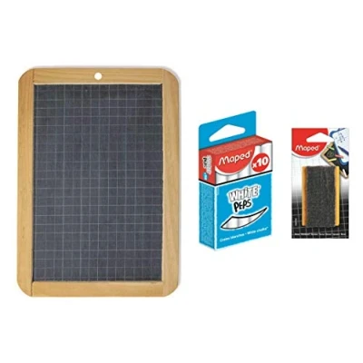 Afbeelding van Maped Set leisteen zwart frame van hout (L) 260 x (H) 182 mm + kleine sponsborstel en vilt 1 doos met 10 witte krijtjes, 981750