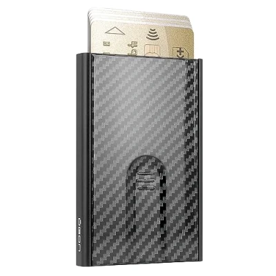 Afbeelding van ÖGON Automatische Aluminium Kaarthouder Slider RFID blokkering De originele minimalistische slanke portemonnee voor mannen en vrouwen Maximaal 6 kaarten (Carbon)