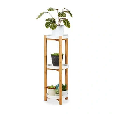 Afbeelding van Relaxdays plantentafel 3 etages bamboe rond moderne plantenrek bijzettafel hout