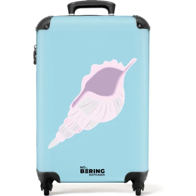Afbeelding van NoBoringSuitcases.com® Handbagage koffer lichtgewicht Reiskoffer trolley Blauw met lichtroze schelp Rolkoffer wieltjes Past binnen 55x40x20 en 55x35x25