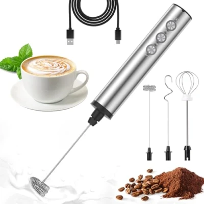 Afbeelding van MOSUO elektrische melkopschuimer, USB oplaadbaar, met dubbele garde, 3 versnellingen, handheld mini mixer van roestvrij staal, voor koffie/latte/cappuccino